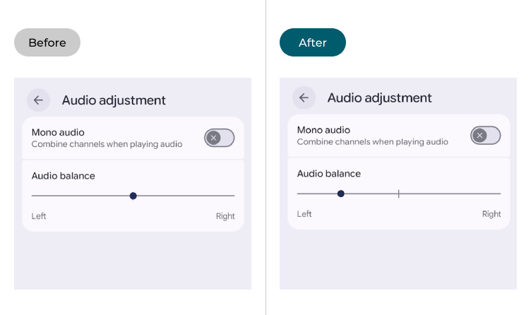 The Audio balance slider before and after adjustment